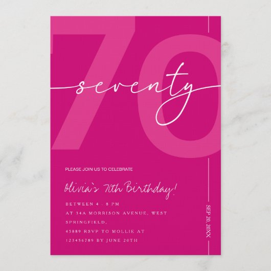 Invitation Modern Minimalist Pink 70th Birthday Party (Devant)