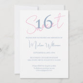 Invitation Modern Minimalist Sweet 16 Blue White Birthday (Devant)