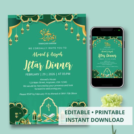 Invitation Modern Mint Green and Gold Festive Ramadan Iftar
