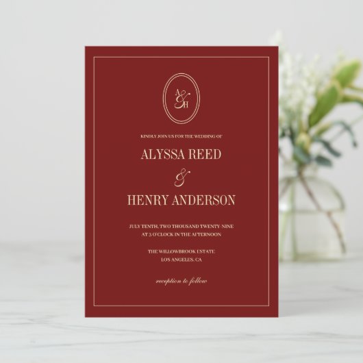 Invitation Modern Monogram Classic Wine Red Wedding (Debout devant)