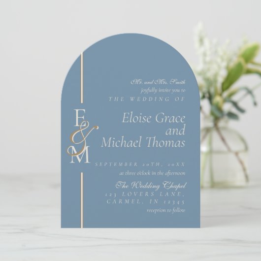 Invitation Modern Monogram Script Dusty Blue Arch Wedding (Debout devant)