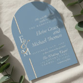 Invitation Modern Monogram Script Dusty Blue Arch Wedding