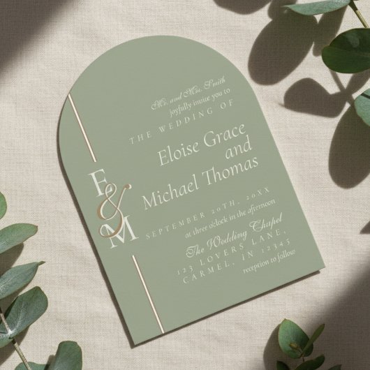 Invitation Modern Monogram Script Sage Green Arch Wedding