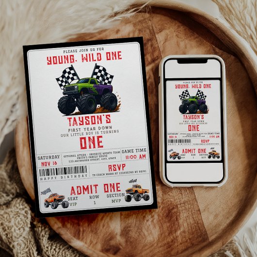 Invitation Modern Monster Trucks 1st Birthday Party