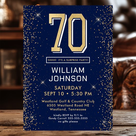 Invitation Modern Navy Blue 70e anniversaire Surprise Party