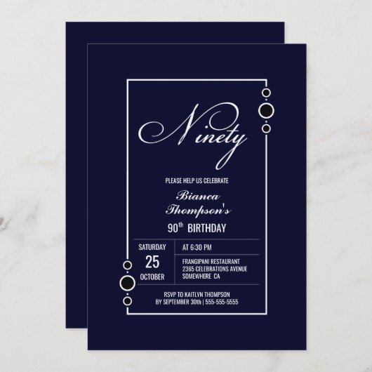 Invitation Modern Navy Blue 90e fête d'anniversaire (Devant / Derrière)