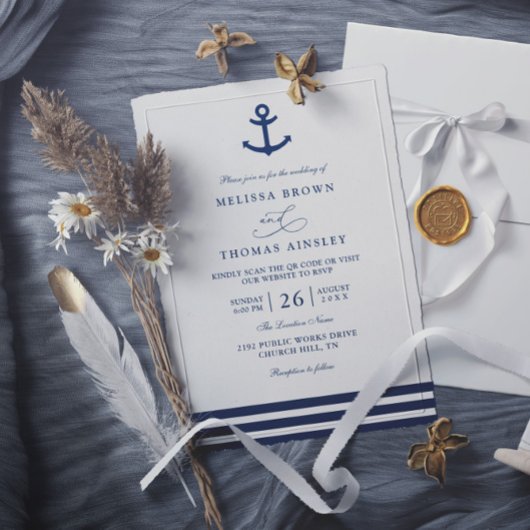 Invitation Modern Navy Blue Anchor Nautical QR Code Wedding