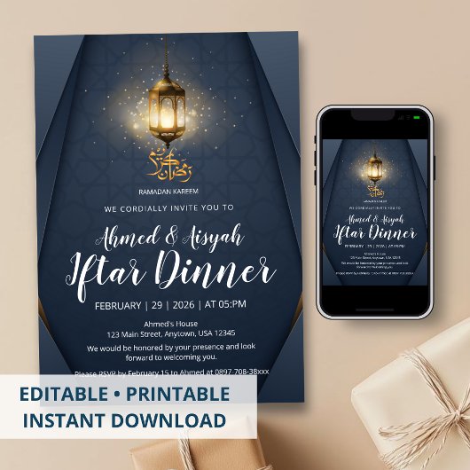 Invitation Modern Navy Blue and Gold Glowing Lantern Iftar