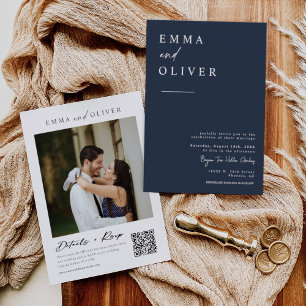 Invitation Modern Navy Blue Boho Wedding Photo QR Code RSVP