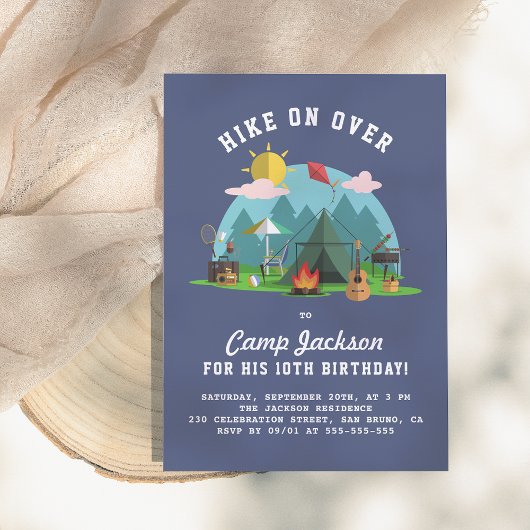Invitation Modern Navy Blue Camping Birthday Party