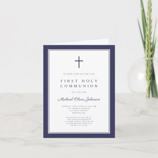 Invitation Modern Navy Blue Cross Boy First Holy Communion (Devant)