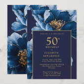 Invitation Modern Navy Blue Floral Elegant Birthday (Devant / Derrière)