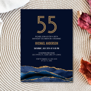 Invitation Modern Navy Blue Gold Agate 55e anniversaire fête