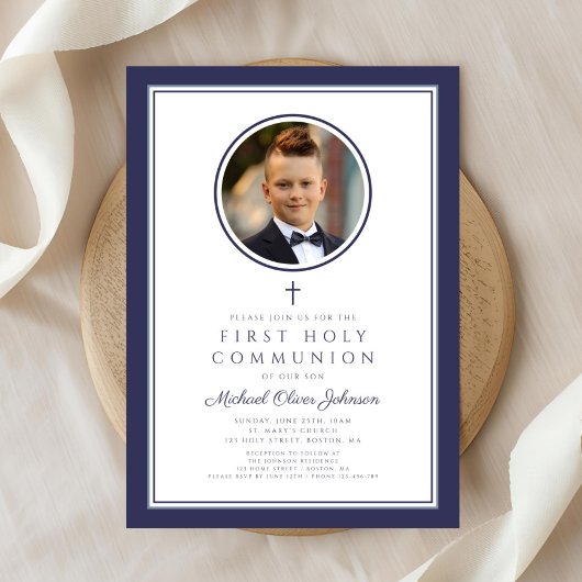Invitation Modern Navy Blue Photo Boy First Communion