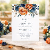 Invitation Modern Navy Burnt Orange Florals QR Code Wedding
