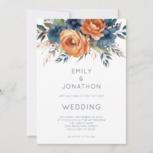 Invitation Modern Navy Burnt Orange Florals QR Code Wedding (Devant)