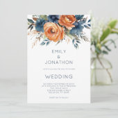 Invitation Modern Navy Burnt Orange Florals QR Code Wedding (Debout devant)