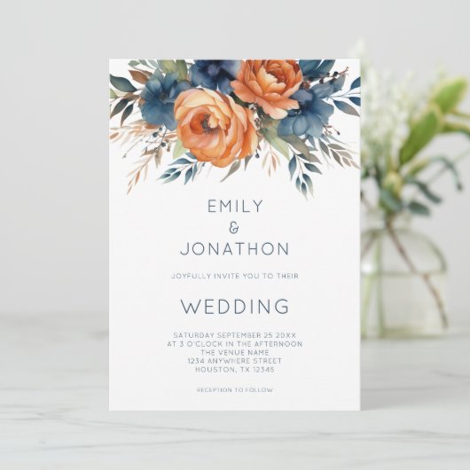 Invitation Modern Navy Burnt Orange Florals QR Code Wedding (Debout devant)
