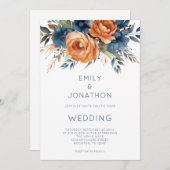 Invitation Modern Navy Burnt Orange Florals QR Code Wedding (Devant / Derrière)
