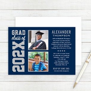 Invitation Modern Navy Gray Two Photos Graduation Party
