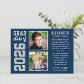 Invitation Modern Navy Grey Deux Photos Graduation Party (Debout devant)