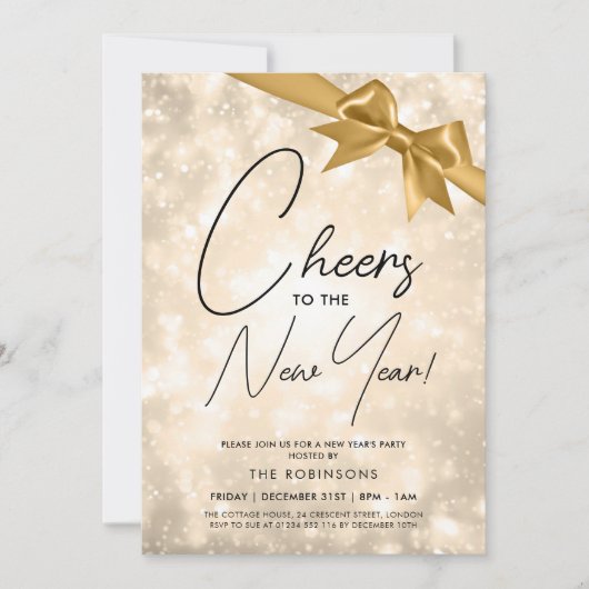 Invitation MODERN New Years Eve Gold Champagne Bokeh Gold Bow (Devant)