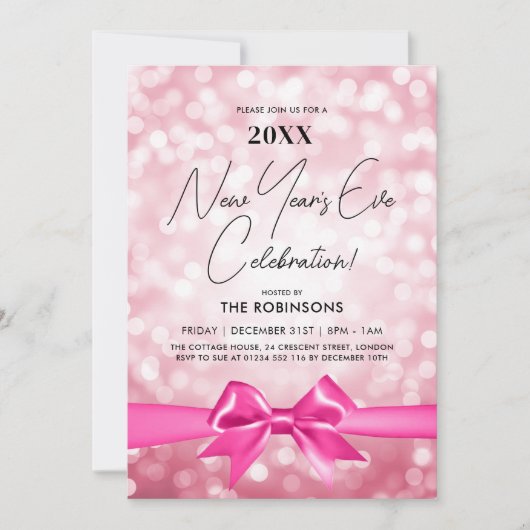 Invitation MODERN New Years Eve Party Blush Pink Bokeh Bow (Devant)