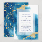 Invitation Modern Ocean Inspired Blue Watercolor Gold Splash (Devant / Derrière)