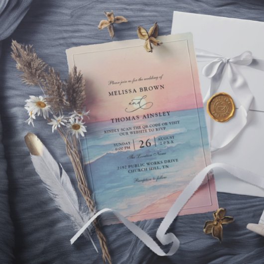 Invitation Modern Ocean Sunset Budget QR Code Wedding