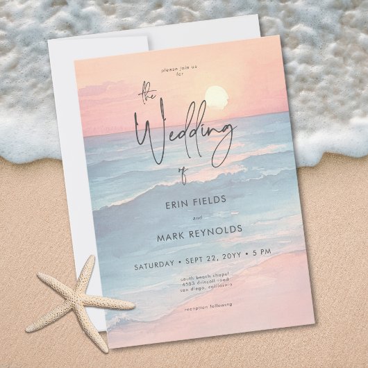 Invitation Modern Ocean Sunset Watercolor Beach Wedding