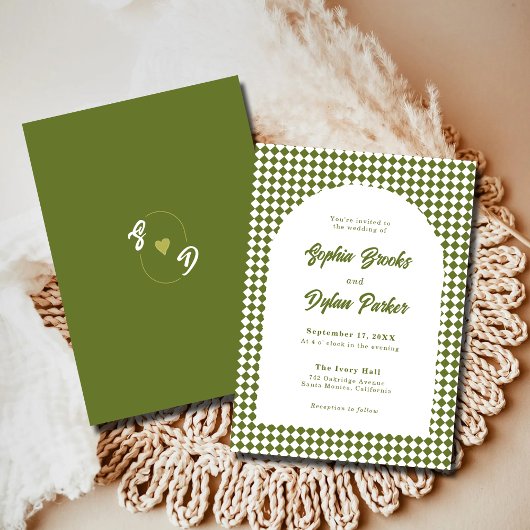 Invitation Modern Olive Green Old Money Checkered Wedding