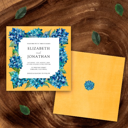 Invitation Modern Orange Blue Hydrangeas Watercolor Wedding