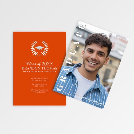 Invitation Modern Orange Vertical Name Graduation Photo Card