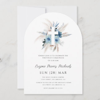 Invitation Modern pampas grass dusty blue first communion
