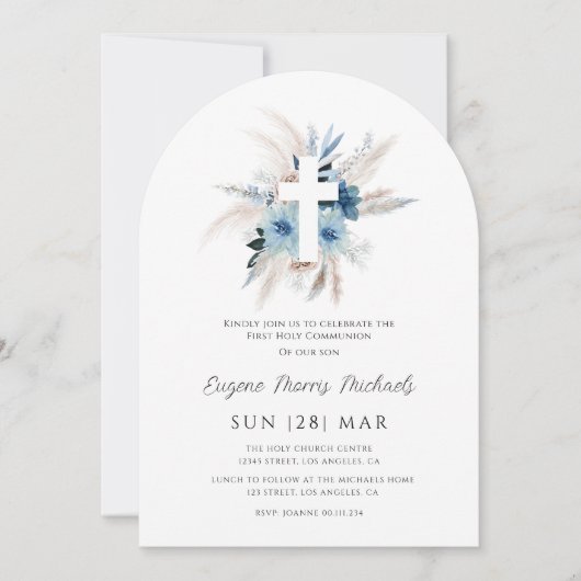 Invitation Modern pampas grass dusty blue first communion (Devant)