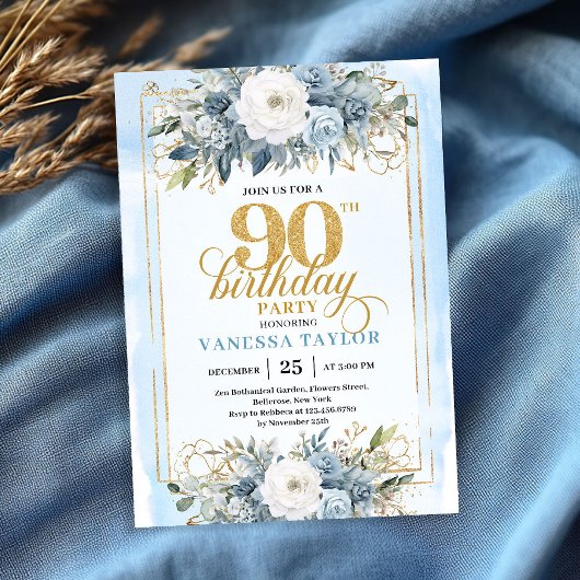 Invitation Modern pastel blue gold design 90th birthday invit