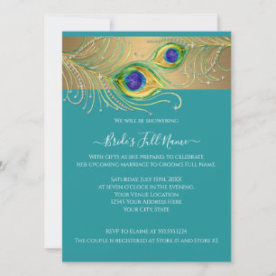 Invitation Modern Peacock Feathers Faux Jewel Bridal Shower