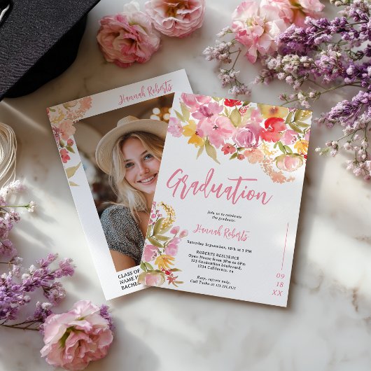Invitation Modern photo Boho Pink Lavender floral graduation