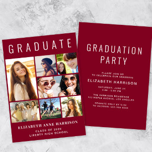 Invitation Modern Photo Collage Burgundy Graduation Party