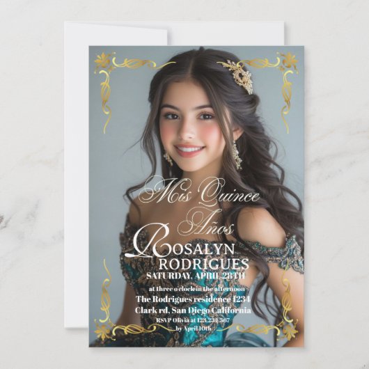 Invitation Modern Photo Quinceanera Gold White (Devant)
