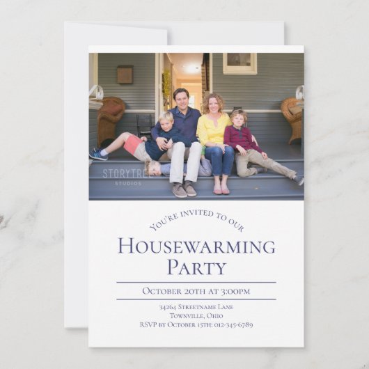 Invitation Modern Photo White Blue Housewarming (Devant)