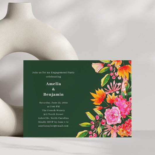 Invitation Modern Pink and Green Flowers Engagement Party
