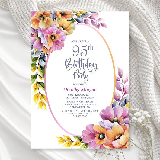 Invitation Modern Pink and Orange Floral 95th Birthday Party