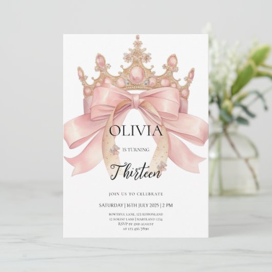 Invitation Modern pink bow and crown birthday party (Debout devant)