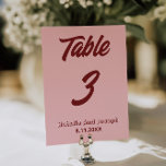 Invitation Modern Pink Burgundy Funky Wedding Table Number<br><div class="desc">Modern and elegant whimsical pink and deep red wedding table numbers. As you see it features a blush pink background with bold burgundy script that matched the whole suite.</div>