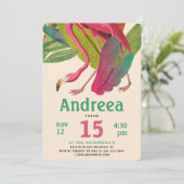 Invitation Modern Pink Flamingo Green Tropical Summer Leaves (Debout devant)