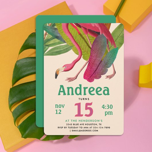 Invitation Modern Pink Flamingo Green Tropical Summer Leaves