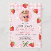Invitation Modern Pink Gingham Heart Berry First Birthday (Devant)