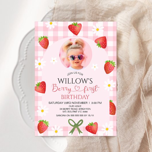 Invitation Modern Pink Gingham Heart Berry First Birthday