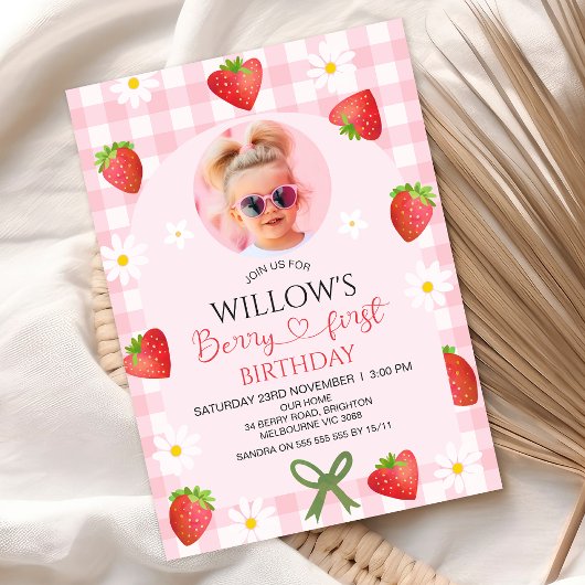 Invitation Modern Pink Gingham Heart Berry First Birthday